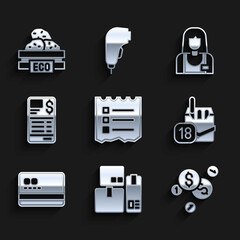 Set Shopping list, Cash register machine, Coin money with dollar, Cigarettes pack box, Credit card, Paper or financial check, Seller and Wooden for fruits icon. Vector