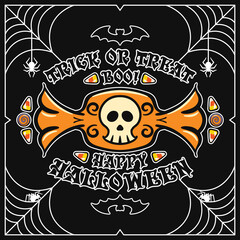 Vintage cartoon illustration happy halloween. Festive sticker.