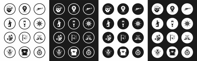 Set Vintage pistol, Spyglass telescope lens, Alcohol drink Rum, Pirate captain, Ship steering wheel, Location pirate, Crossed swords and coin icon. Vector
