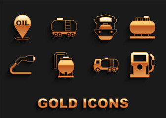 Set Oil tank storage, Petrol gas station, Tanker truck, Electrical cable plug charging, tanker ship, Refill petrol fuel location and railway cistern icon. Vector