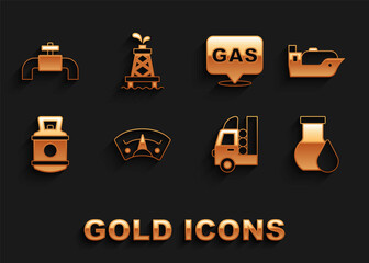 Set Motor gas gauge, Oil tanker ship, petrol test tube, Gas for vehicle, Propane, Location and station, Metallic pipes valve and rig icon. Vector