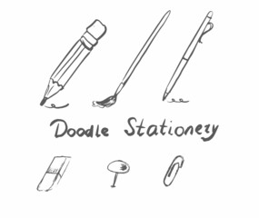Hand Drawn Doodle School Supplies Isolated on White Background. Contains Such Elements as Pencil, Paintbrush, Pen, Eraser, Pin, Paper Clip.