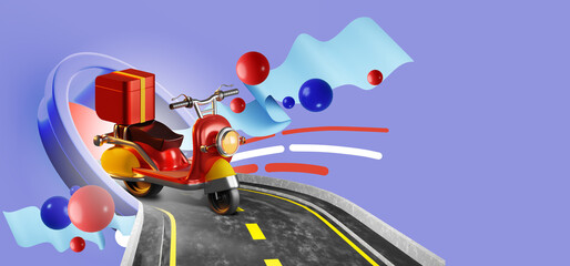 Delivery scooter. Colorful banner for courier service. Mini motorcycle rides on road. Motoroller with delivery box. Courier company advertisement. Scooter without anyone. 3d rendering.