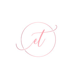 ET monogram logo.Calligraphic signature icon.Letter e and letter t.Lettering sign isolated on light fund.Wedding, fashion, beauty alphabet initials.Elegant, luxury, handwritten style.	Circle frame.