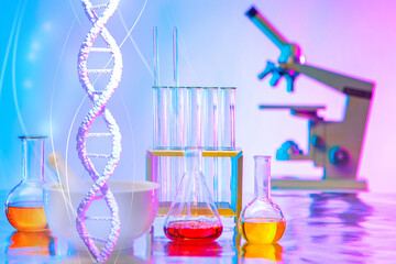 Ginetic laboratory work table. Microscope and medical test tubes are on table. DNA strand as a...