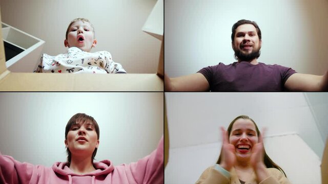 Happy people open parcel looks at delivered goods items. Satisfied clients. Buy in e-commerce web stores, express delivery concept. Surprised people unpacking carton boxes.