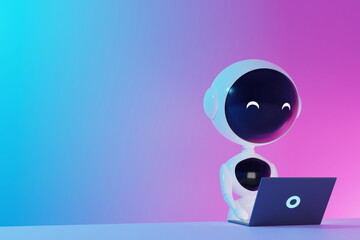 Black and white round robot working at a laptop on an gradient background 3d illustration
