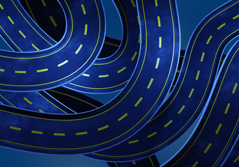 Road background. Highways top view. Many estocades top view. Three-dimensional flyovers on dark background. Road architecture. Curvy roads with yellow stripes. Empty highway background. 3d rendering