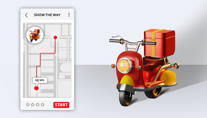 Express route on map. Red scooter for delivery man. Delivery man scooter on white background. Courier motorcycle near map. Concept tracking location courier on map. Delivery service apps. 3d image.