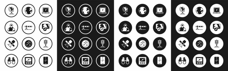 Set Laptop with location marker, Parking car barrier, Location the globe, Earth, City map navigation, Traffic light and Satellite icon. Vector