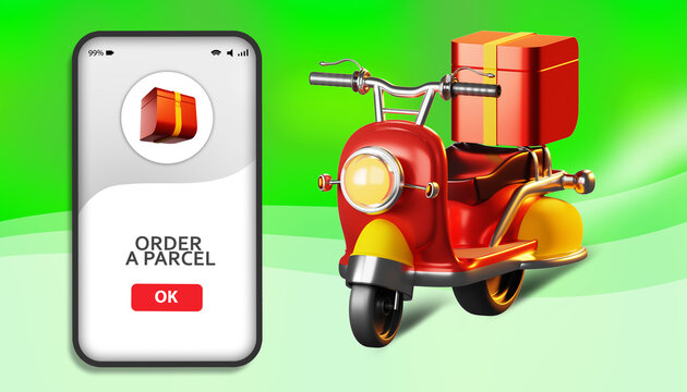 Order parcel via phone. Ordering parcel with courier. Delivery service apps. Red moped couriers. Phone on green background. Concept of calling courier by phone. Call delivery man in apps. 3d image