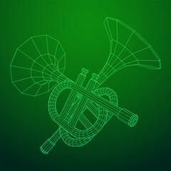 Trumpet pipe fife musiacal instrument. Wireframe low poly mesh vector illustration.