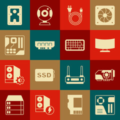 Set Motherboard digital chip, Video graphic card, Computer monitor screen, Electric plug, RAM, random access memory, Hard disk drive HDD and Keyboard icon. Vector