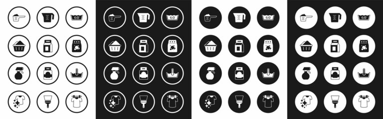 Fototapeta premium Set Temperature wash, Laundry detergent, Basin with soap suds, Washing powder, Measuring cup, and Water spray bottle icon. Vector