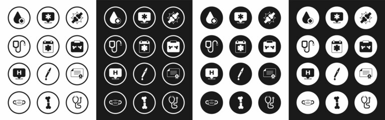 Set Joint pain, knee pain, Doctor appointment, IV bag, Donate drop blood, X-ray shots with broken bone, Location hospital, Certificate template and icon. Vector