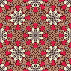 Abstract seamless backdrop. Design for prints, textile, decor, fabric. Round colorful texture in red and brown colors. Mandala background