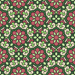 Abstract seamless backdrop. Design for prints, textile, decor, fabric. Round colorful texture in green and red colors. Mandala background