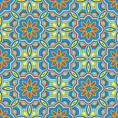 Abstract seamless flower backdrop. Design for prints, textile, decor, fabric. Round colorful texture in blue and yellow colors. Mandala background