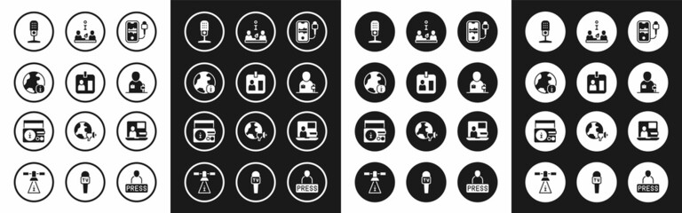 Set Mobile recording, Journalist id card, World news, Microphone, Interview, and News radio channel icon. Vector