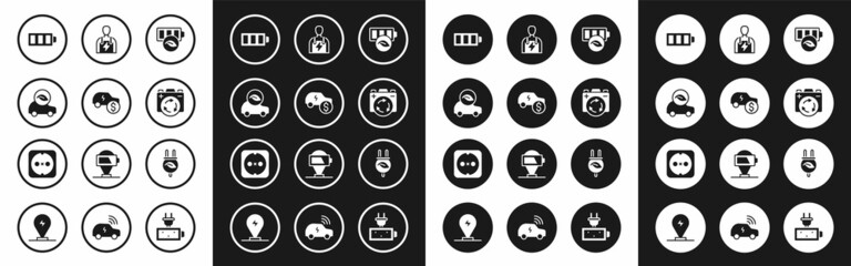 Set Eco nature leaf battery, Electric car price, Battery charge, with recycle symbol, Car mechanic, saving plug in and Electrical outlet icon. Vector