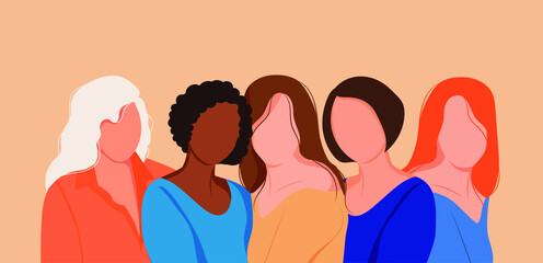 Five young strong confident women standing together. Unity and friendship of women of different nationalities. A group of friends or feminist activists support each other Feminism and asexual love con