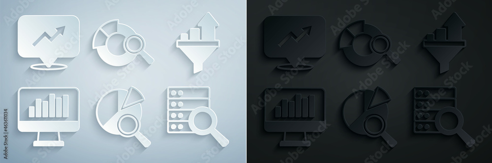 Poster set search data analysis, sales funnel with chart, monitor graph, server, and financial growth icon.