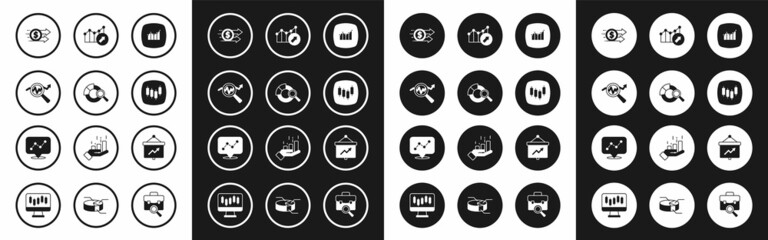 Set Financial growth, Search data analysis, dollar, Browser with stocks market, Board graph and Graph chart infographic icon. Vector