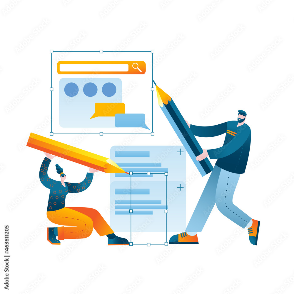 Poster the design team develops the design of the mobile application. the concept of a vector illustration 