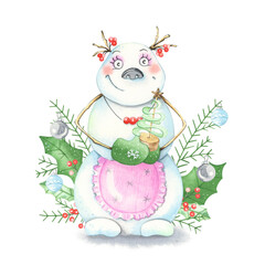 Watercolor composition. Cute character snowman. Snowman girl with ponytails.