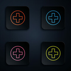 Obraz premium Color neon line Cross hospital medical icon isolated on black background. First aid. Diagnostics symbol. Medicine and pharmacy sign. Set icons in square buttons. Vector Illustration