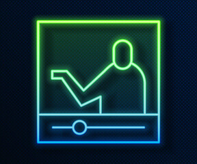 Glowing neon line Online education and graduation icon isolated on blue background. Online teacher on monitor. Webinar and video seminar learning. Vector Illustration