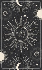 Magic drawing with the face of the sun and moon. Tarot card, astrological illustration.