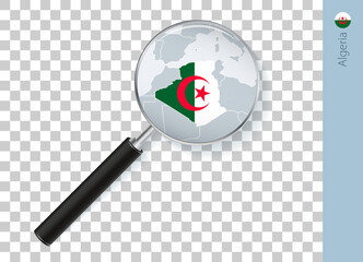 Algeria map with flag in magnifying glass on transparent background.