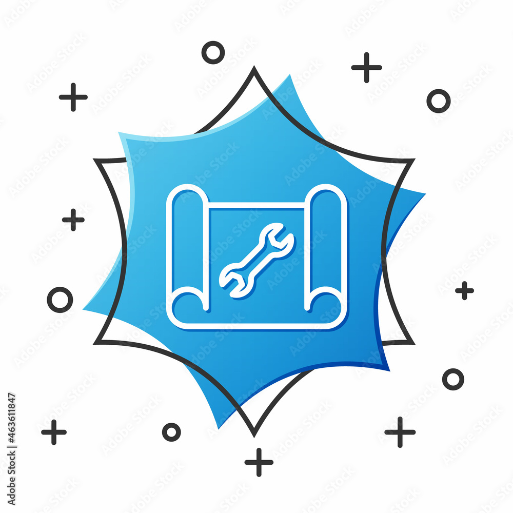 Poster white line graphing paper for engineering and wrench icon isolated on white background. blue hexagon