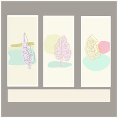 Pastel leaves for decoration, set of 3 leaves, colorful leaves on pastel background.