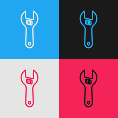 Pop art line Adjustable wrench icon isolated on color background. Vector