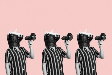 people wearing cow masks speak into megaphones