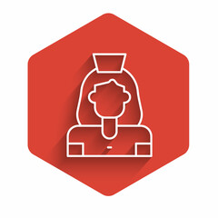 White line Cleaning lady service icon isolated with long shadow. Red hexagon button. Vector