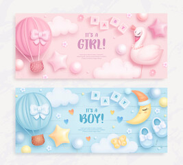 Set of baby shower invitation with cartoon swan, hot air balloon and moon on blue and pink background. It's a boy. It's a girl. Vector illustration - obrazy, fototapety, plakaty