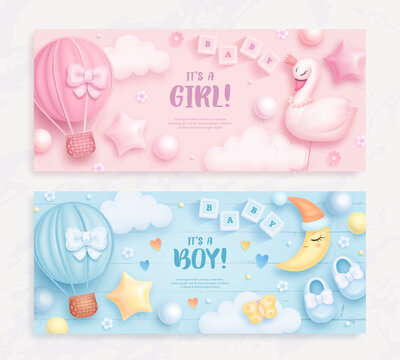Set of baby shower invitation with cartoon swan, hot air balloon and moon on blue and pink background. It's a boy. It's a girl. Vector illustration