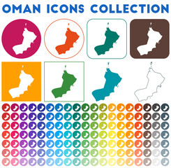 Oman icons collection. Bright colourful trendy map icons. Modern Oman badge with country map. Vector illustration.
