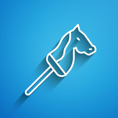 White line Toy horse icon isolated on blue background. Long shadow. Vector