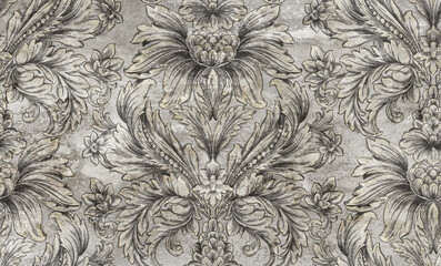 Seamless pattern with baroque renaissance monogram floral ornament, leaf scroll engraving retro floral pattern decorative design filigree calligraphic heraldic branch. - 463612610