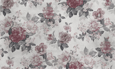 Seamless pattern with pink flowers and leaves. Floral pattern for wallpaper or fabric. Background old concrete wall texture.