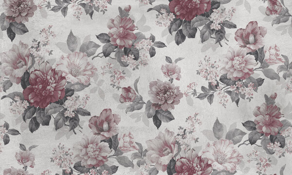 Fototapeta Seamless pattern with pink flowers and leaves. Floral pattern for wallpaper or fabric. Background old concrete wall texture.