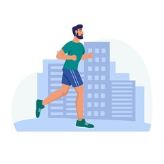 A young man runs through the park. Sports, a healthy lifestyle. Flat vector illustration