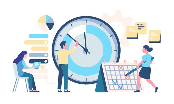 Timetable managing. Effective organization. Planning work productivity. Office employees make schedule and tasks plan. Large round dial and calendar. Time management. Vector concept