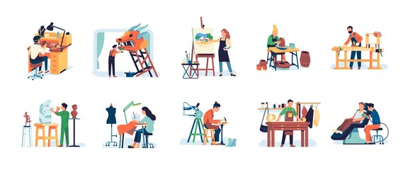 People crafts. Men and women artisans. Creative hobbies and professions. Handicraft workers. Sculptors and jewelers. Isolated tattoo artist and tailor in studio. Vector craftsmen set