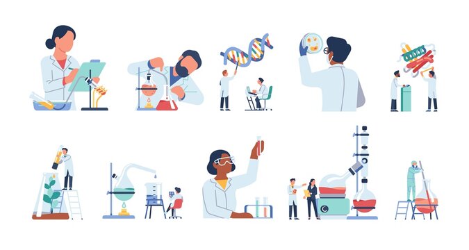Scientists characters. Researchers people work in lab. Isolated doctors exploring virus and DNA. Chemists experimenting with test tubes in laboratory. Vector scientific discoveries set