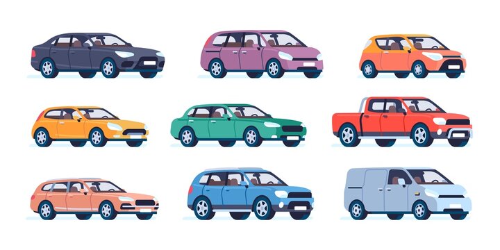 Passenger cars. Color city vehicles. Modern transport. Urban popular autos. Sport utility roadsters. Sedan and wagon. Pickup and hatchback driving. Vector town traffic elements set
